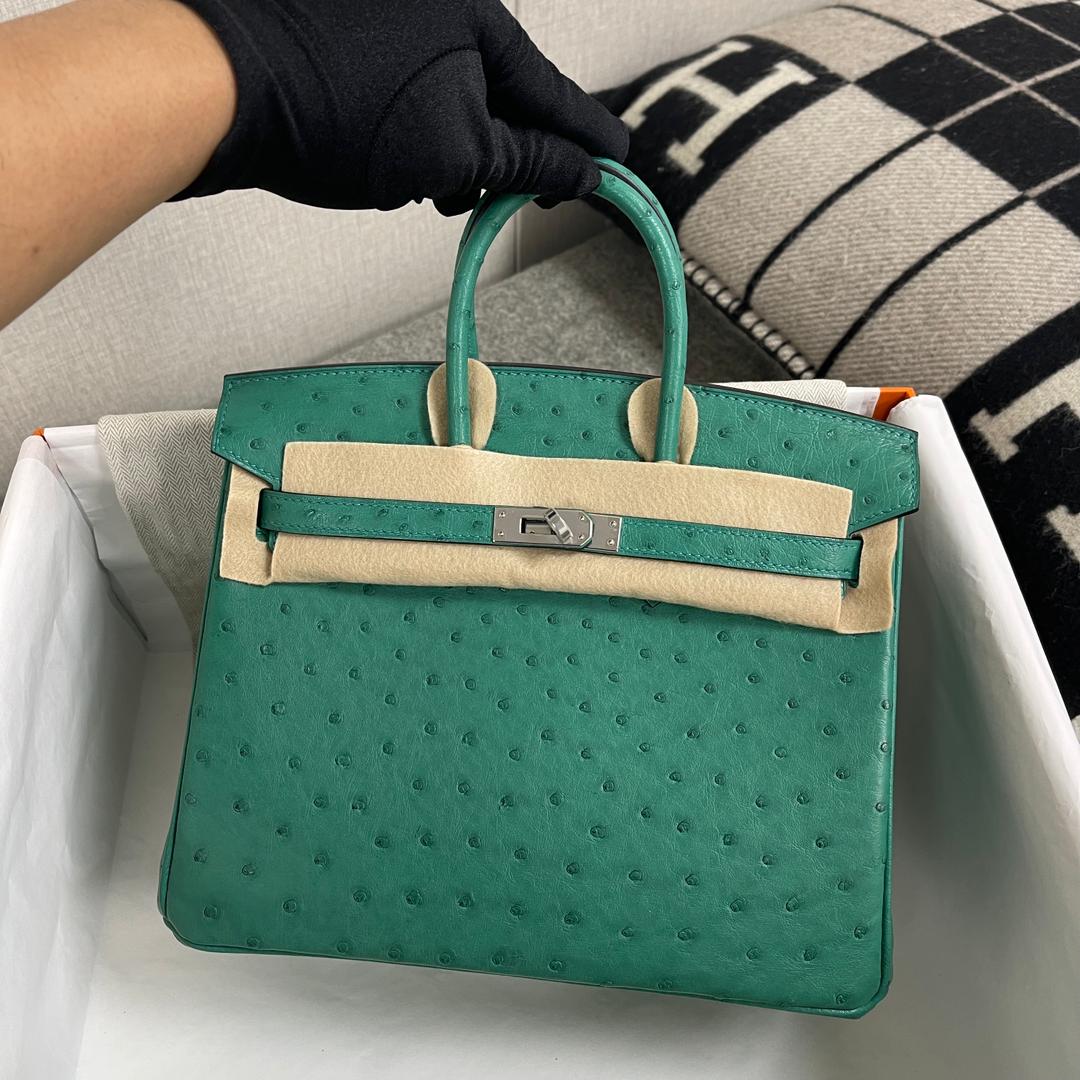 BIRKIN 25 OSTRICH LEATHER VERT VERTIGO WITH PALLADIUM HARDWARE (PHW)